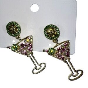 NWT Rhinestone Martini Glass Dangle Earrings Lime Citrus Cocktail Gold Tone
